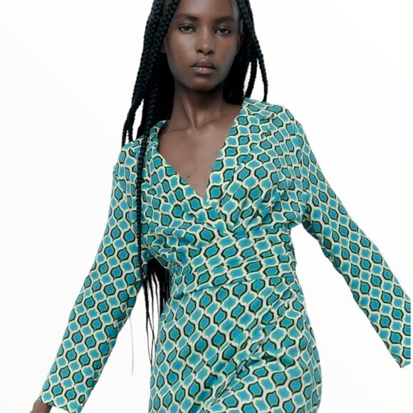 ZARA | Blue/Green | GEOMETRIC PRINT BLAZER DRESS - Picture 5 of 10